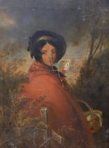 Victorian School, oil on canvas, lady wearing a red cape holding playing cards, 45 x 35cm, unframed