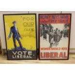 Two Liberal Party propaganda posters, 'Money buys more under free trade' and 'Women should vote