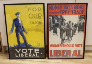 Two Liberal Party propaganda posters, 'Money buys more under free trade' and 'Women should vote