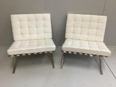 A pair of Barcelona style chrome and white leather chairs, width 78cm, depth 78cm, height 85cm