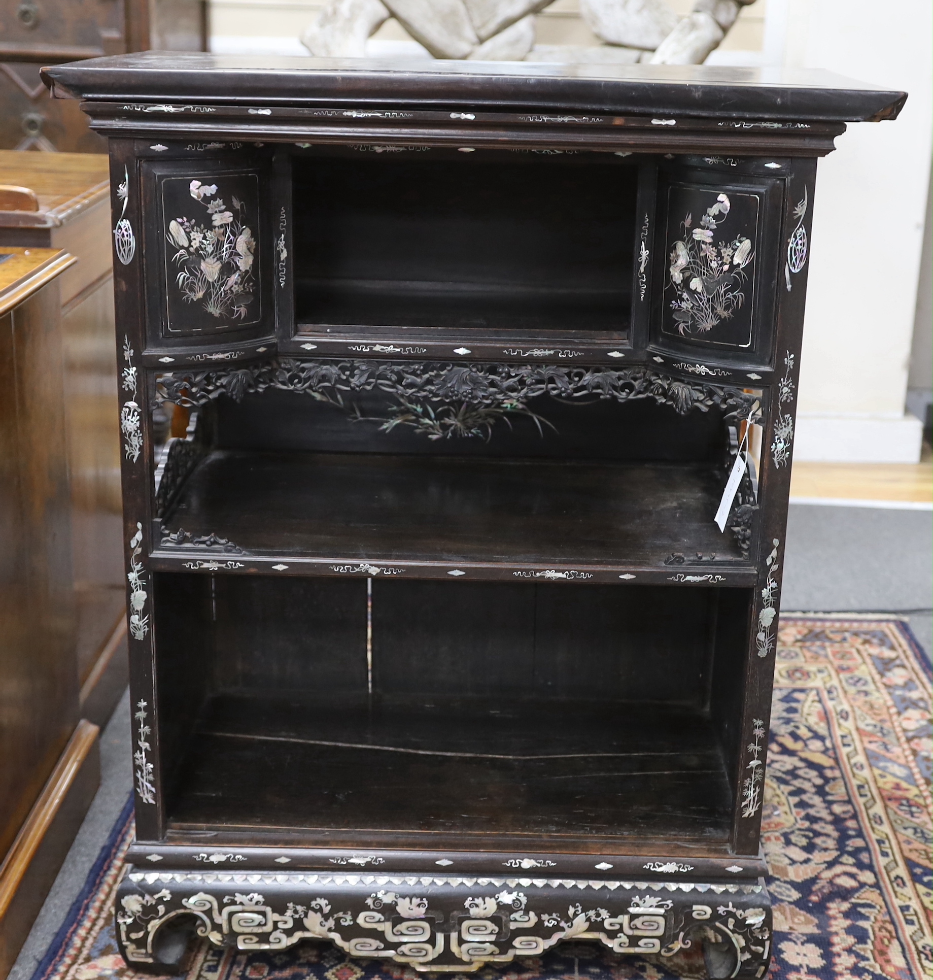 A Japanese mother of pearl inlaid ebonised side cabinet, width 76cm, depth 41cm, height 94cm - Image 2 of 3