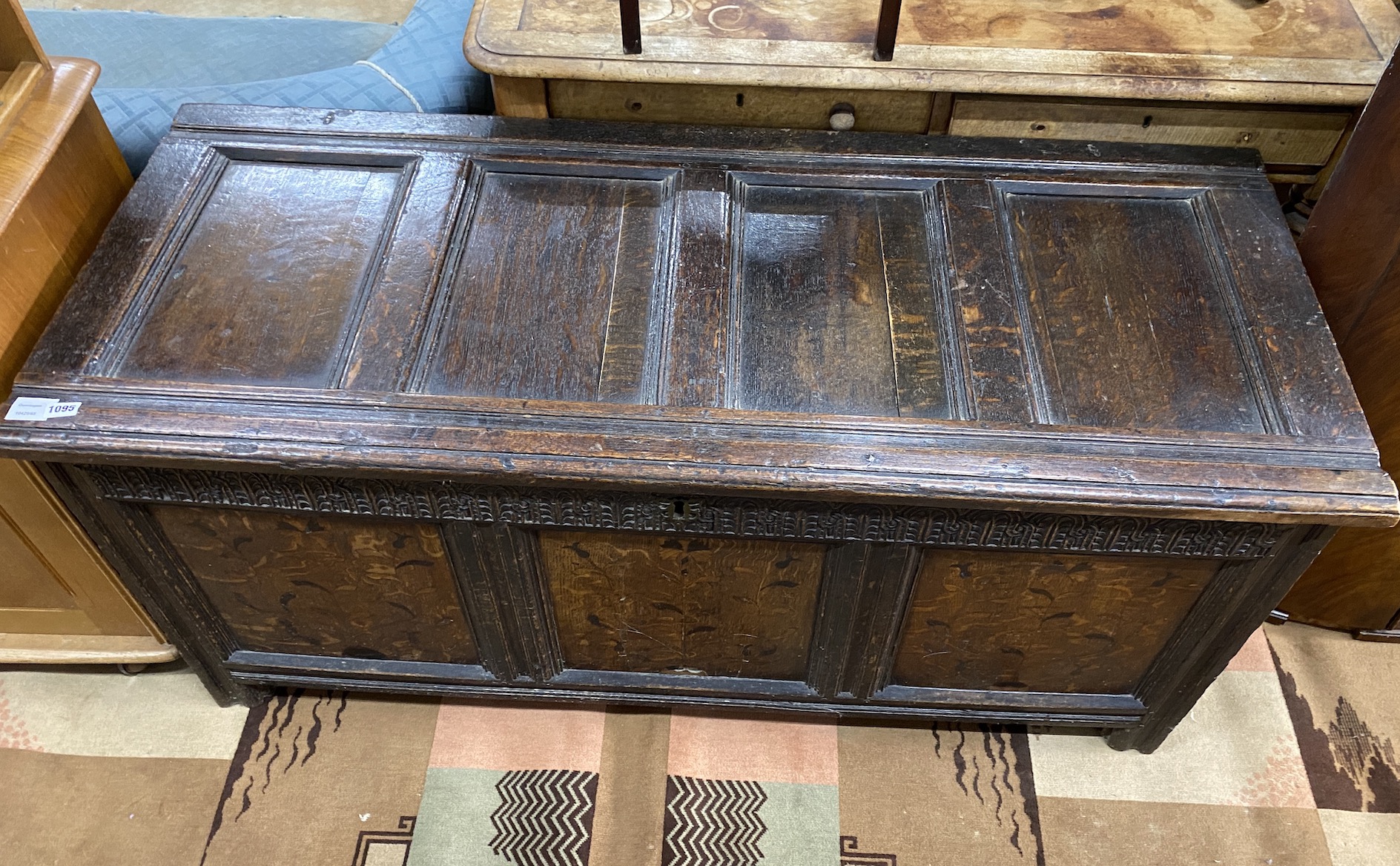A 17th century inlaid oak panelled coffer, width 139cm, depth 56cm, height 64cm - Image 2 of 3
