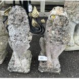 A pair of reconstituted stone heraldic lion garden ornaments, height 52cm