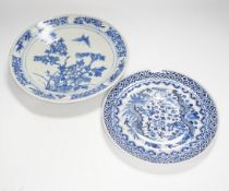 Two 19th century Chinese blue and white dishes, 'dragon', 'butterfly and peonies', largest 27.5cm