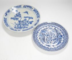 Two 19th century Chinese blue and white dishes, 'dragon', 'butterfly and peonies', largest 27.5cm