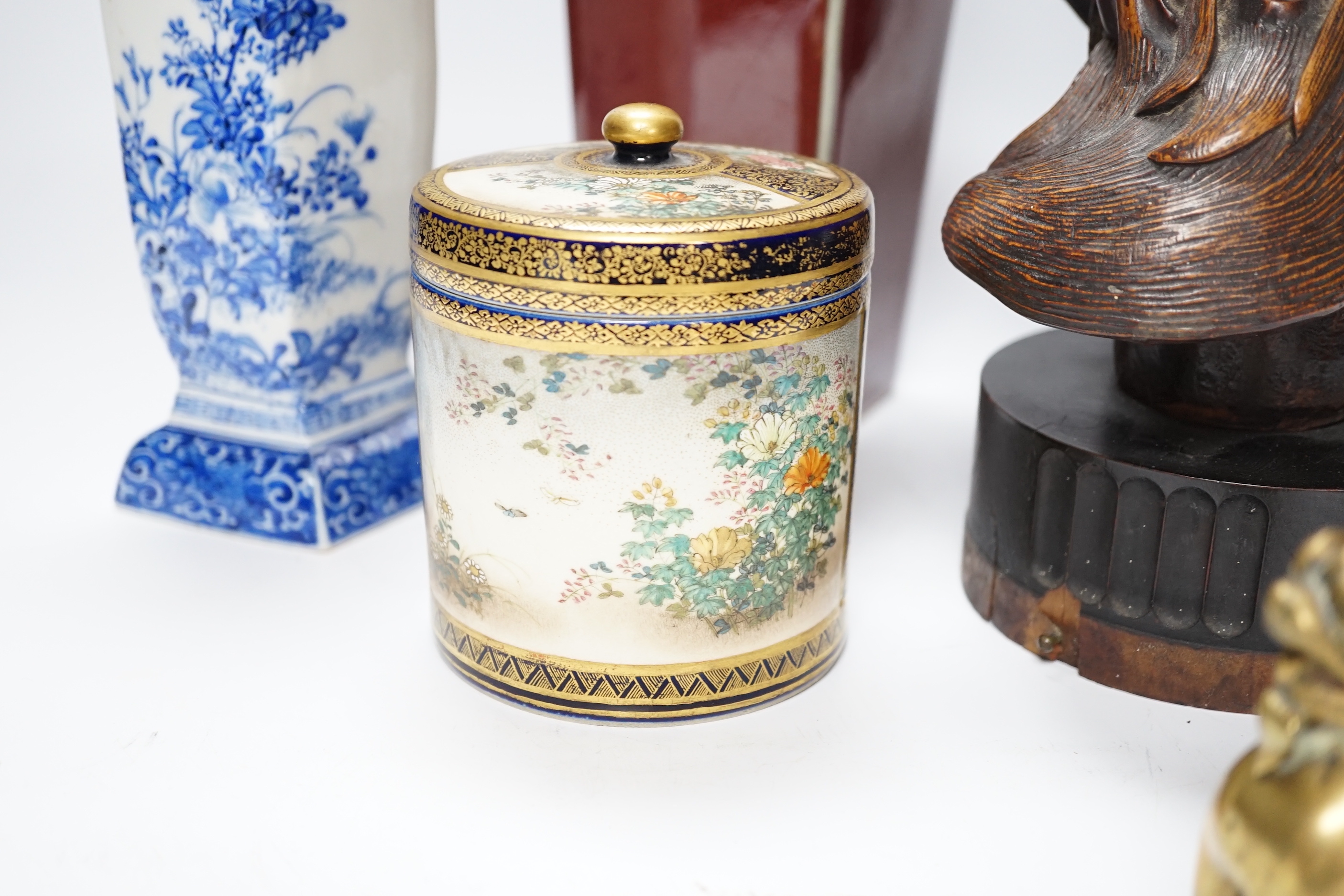 A Chinese sang-de-boeuf vase, a hongmu head, a Japanese Satsuma jar, a blue and white vase, and a - Image 3 of 18