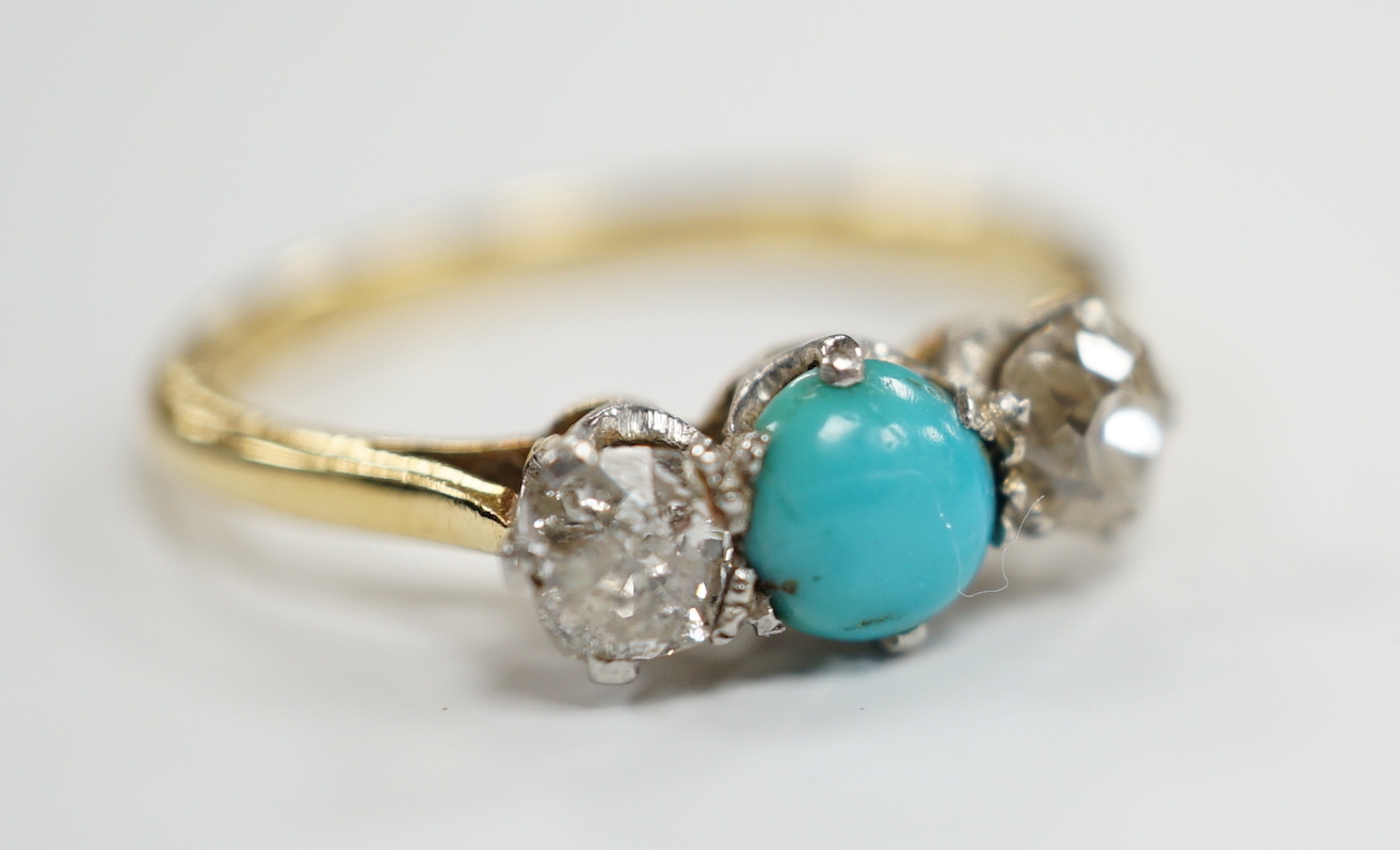 An 18ct, single stone turquoise and two stone diamond set ring, size O, gross weight 2.9 grams. - Image 3 of 4