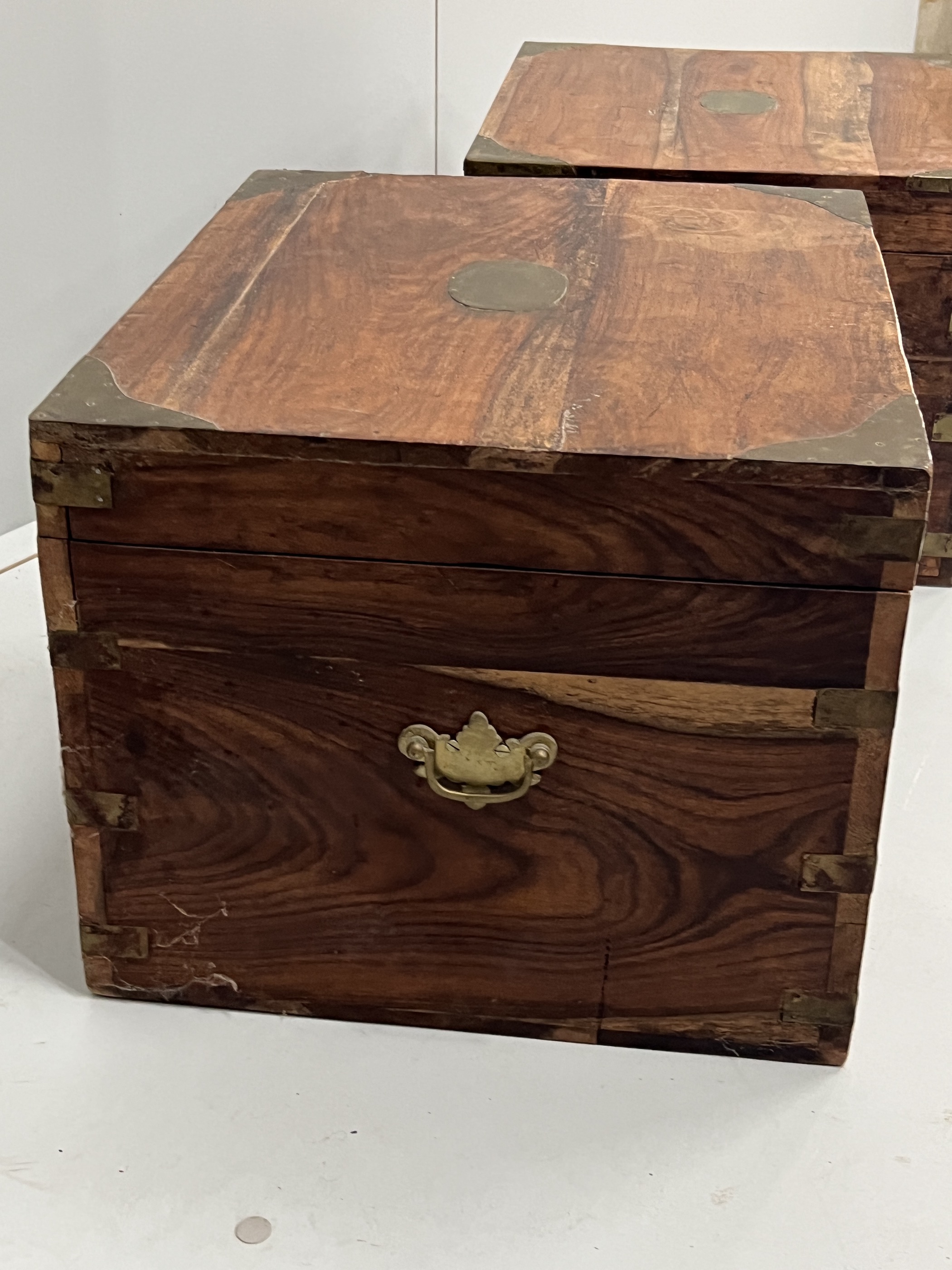 A pair of brass mounted Indian hardwood boxes, width 43cm, depth 38cm, height 31cm - Image 3 of 6