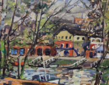 Llewellyn Petley-Jones (Canadian, 1908-1986), oil on canvas, 'Boathouses, Richmond', inscribed