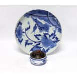 A Japanese blue and white dish, Edo Period and a signed blue and white koro with wood cover, largest