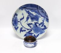 A Japanese blue and white dish, Edo Period and a signed blue and white koro with wood cover, largest