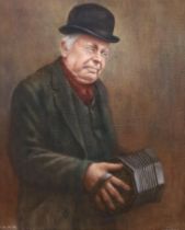 P.A. Bill, oil on canvas, Portrait of a gentleman playing a concertina, signed and inscribed ‘