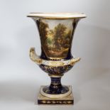 A large Crown Derby campana shaped urn, painted with a view on the river Derwent, circa 1815-20,