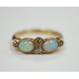 A George V 18ct gold, two stone white opal and four stone diamond chip set half hoop ring,