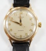 A gentleman's early 1950's 9ct gold J.W. Benson automatic wrist watch, case diameter 34mm, on