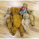 Six bears including one German cotton plush, all for restoration (6)