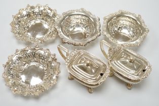 Two pairs of early 20th century pierced silver bonbon dishes, largest diameter 12.3cm and a pair