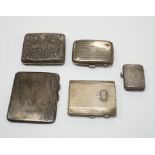 Three assorted silver cigarette cases including Art Deco, largest 10.1cm, a silver vesta case and