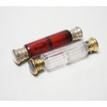 Two Victorian silver mounted glass double ended scent bottles, ruby glass, William Barker, London,