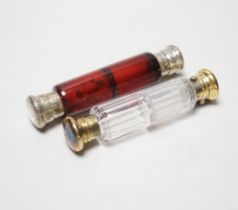 Two Victorian silver mounted glass double ended scent bottles, ruby glass, William Barker, London,