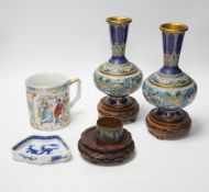 A pair of Chinese cloisonné enamel vases and napkin rings etc, tallest 22cm