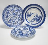 A 19th century Chinese blue and white dragon plate, and two 18th century Chinese export blue and