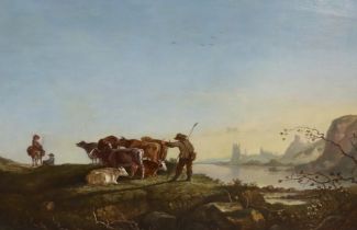19th century French School, oil on canvas, Pastoral landscape with cattle before a river, 59 x 39cm,