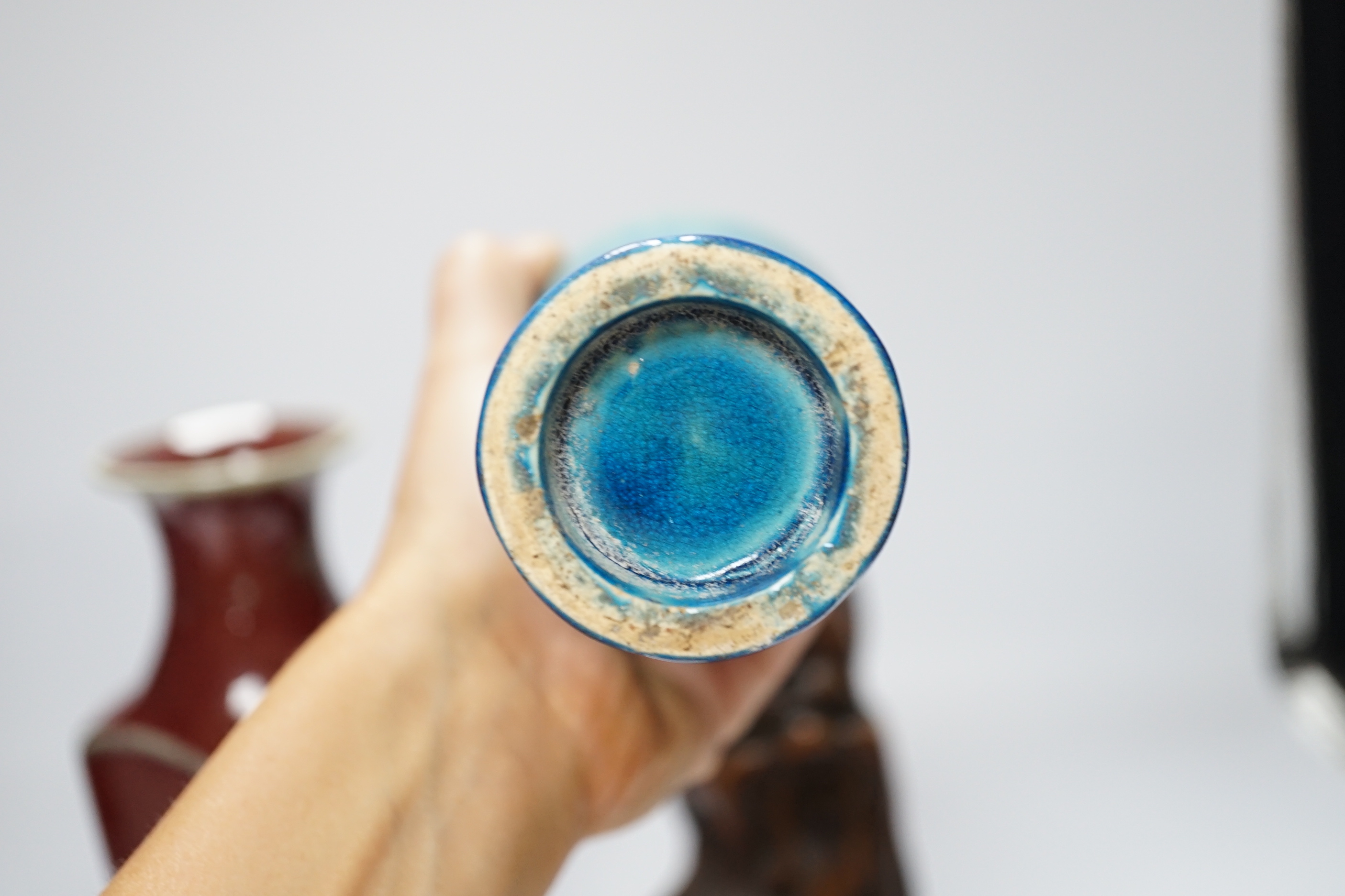 A Chinese sang-de-boeuf vase, a hongmu head, a Japanese Satsuma jar, a blue and white vase, and a - Image 16 of 18