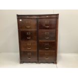 An Edwardian mahogany eight drawer double bank filing cabinet, combined width 113cm, depth 75cm,
