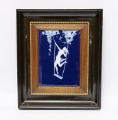 A framed pate sur pate panel signed Chaufriase, Limoges, girl on swing. Width 34cm, Depth 5cm,