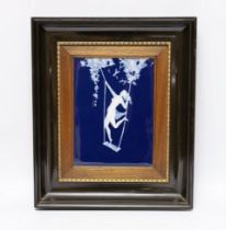 A framed pate sur pate panel signed Chaufriase, Limoges, girl on swing. Width 34cm, Depth 5cm,