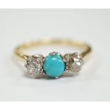 An 18ct, single stone turquoise and two stone diamond set ring, size O, gross weight 2.9 grams.