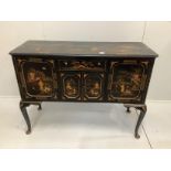 An early 20th century chinoiserie lacquer hinged top side cabinet, probably a converted radiogramme,