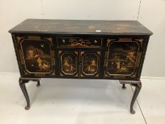 An early 20th century chinoiserie lacquer hinged top side cabinet, probably a converted radiogramme,