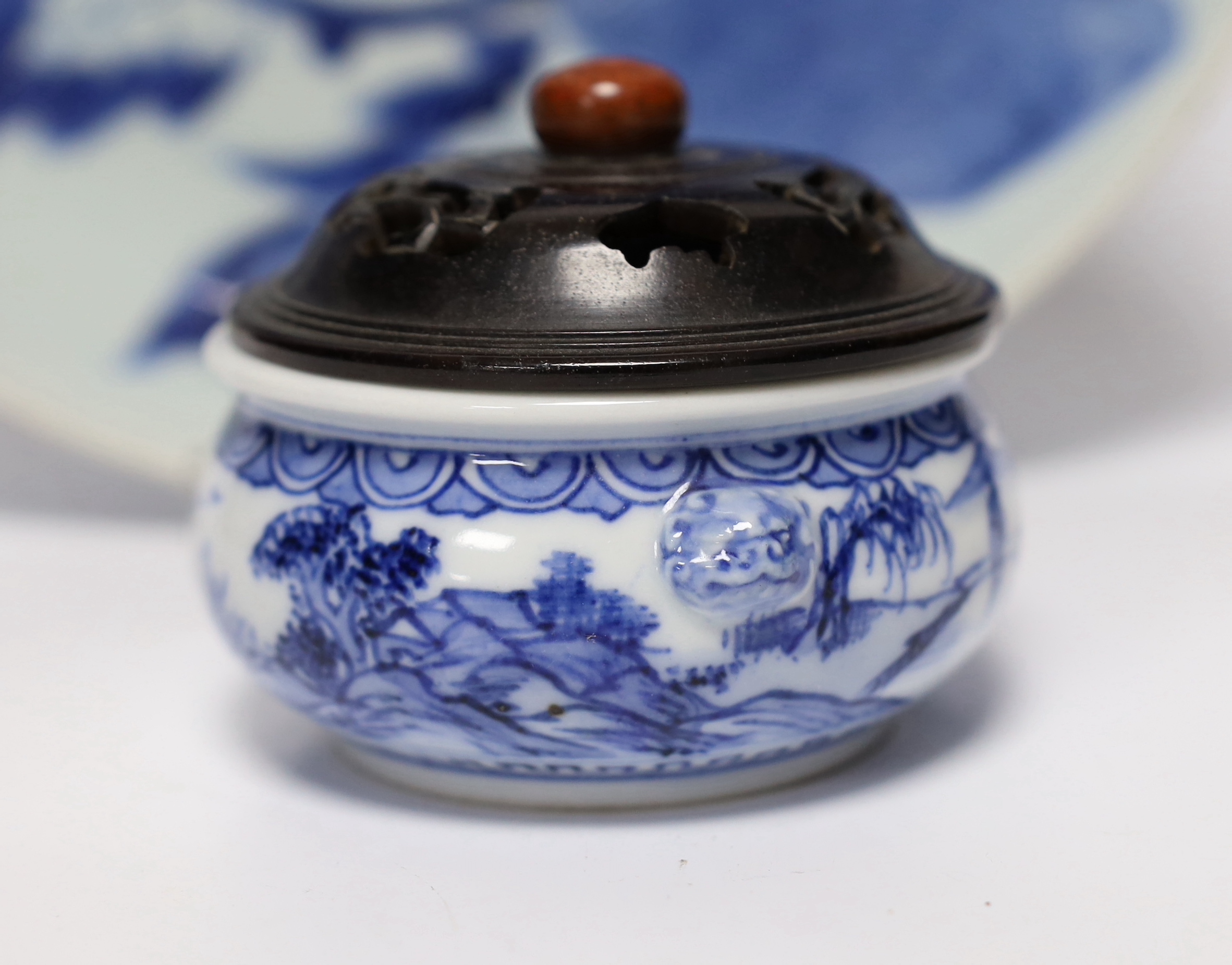 A Japanese blue and white dish, Edo Period and a signed blue and white koro with wood cover, largest - Image 3 of 6