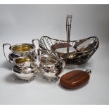 A group of silver plated ware, including four hip flasks