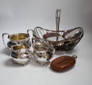 A group of silver plated ware, including four hip flasks