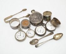 Sundry items including two silver pocket watches, two other nickel cased pocket watches, sundry
