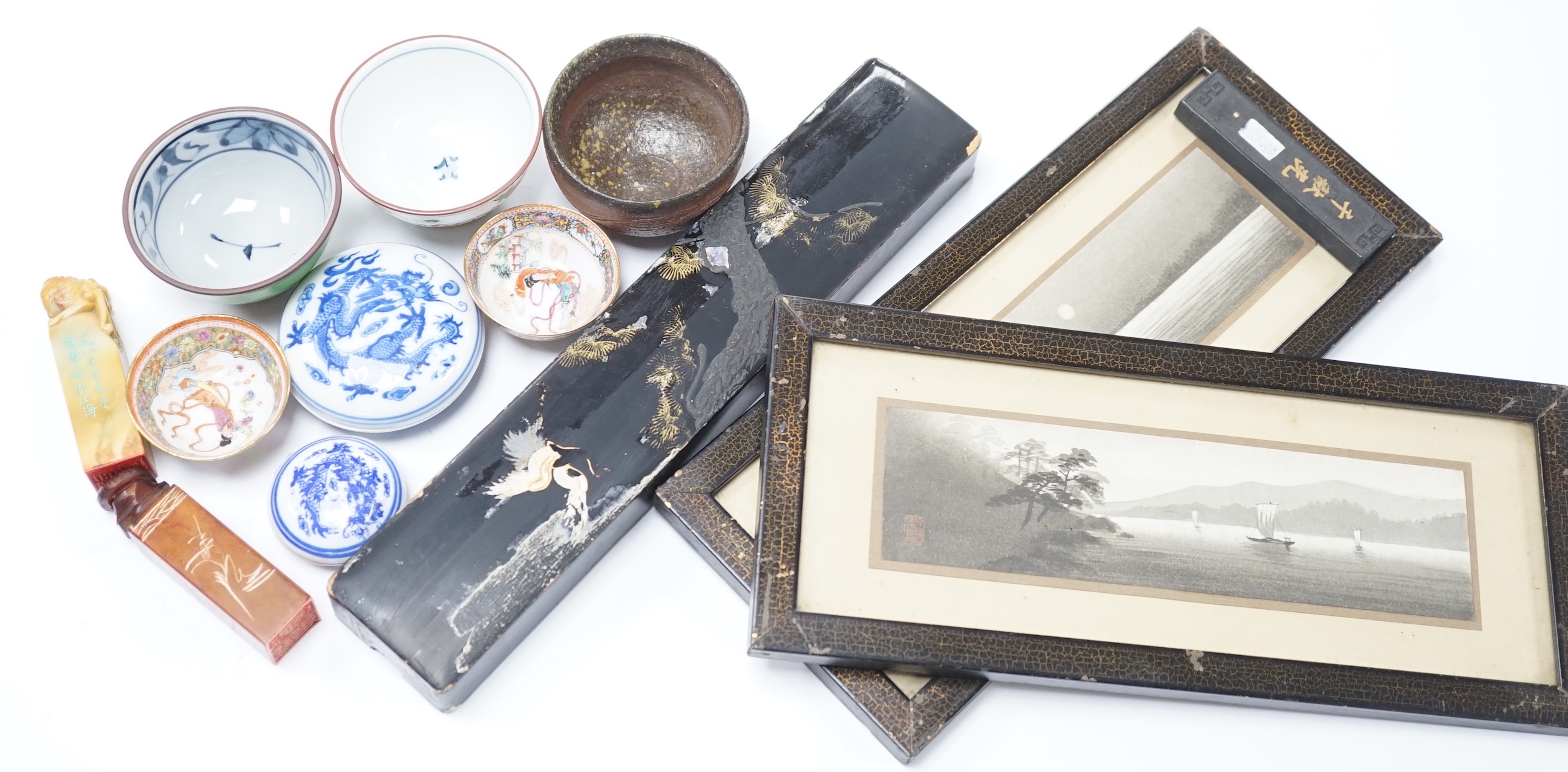 A group of Chinese and Japanese ceramics and works of art including two carved seals and tea bowls