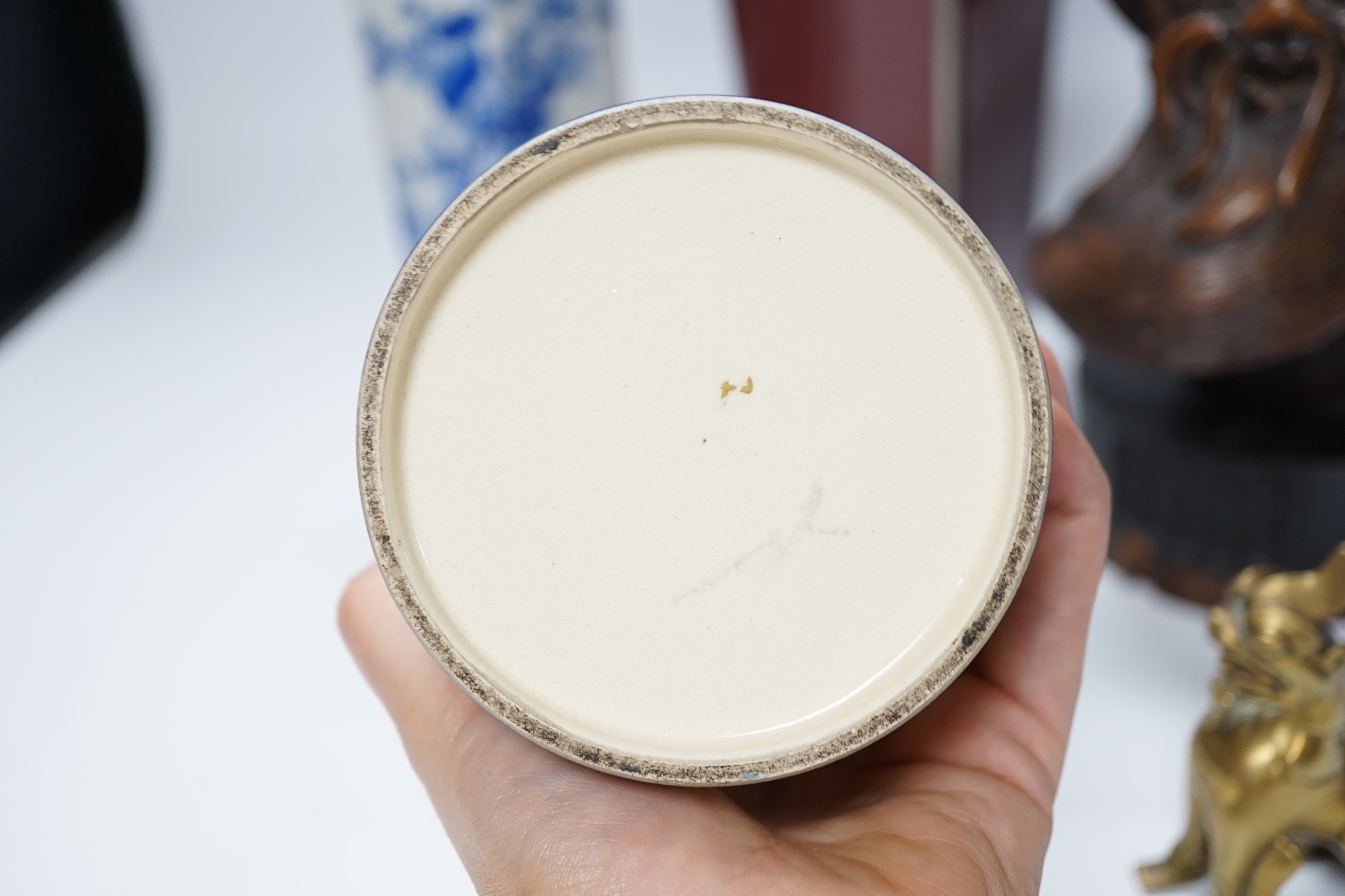 A Chinese sang-de-boeuf vase, a hongmu head, a Japanese Satsuma jar, a blue and white vase, and a - Image 5 of 18