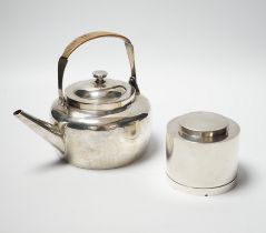 A late Victorian silver tea kettle with stand and rattan handle and a silver warming caddy/burner,