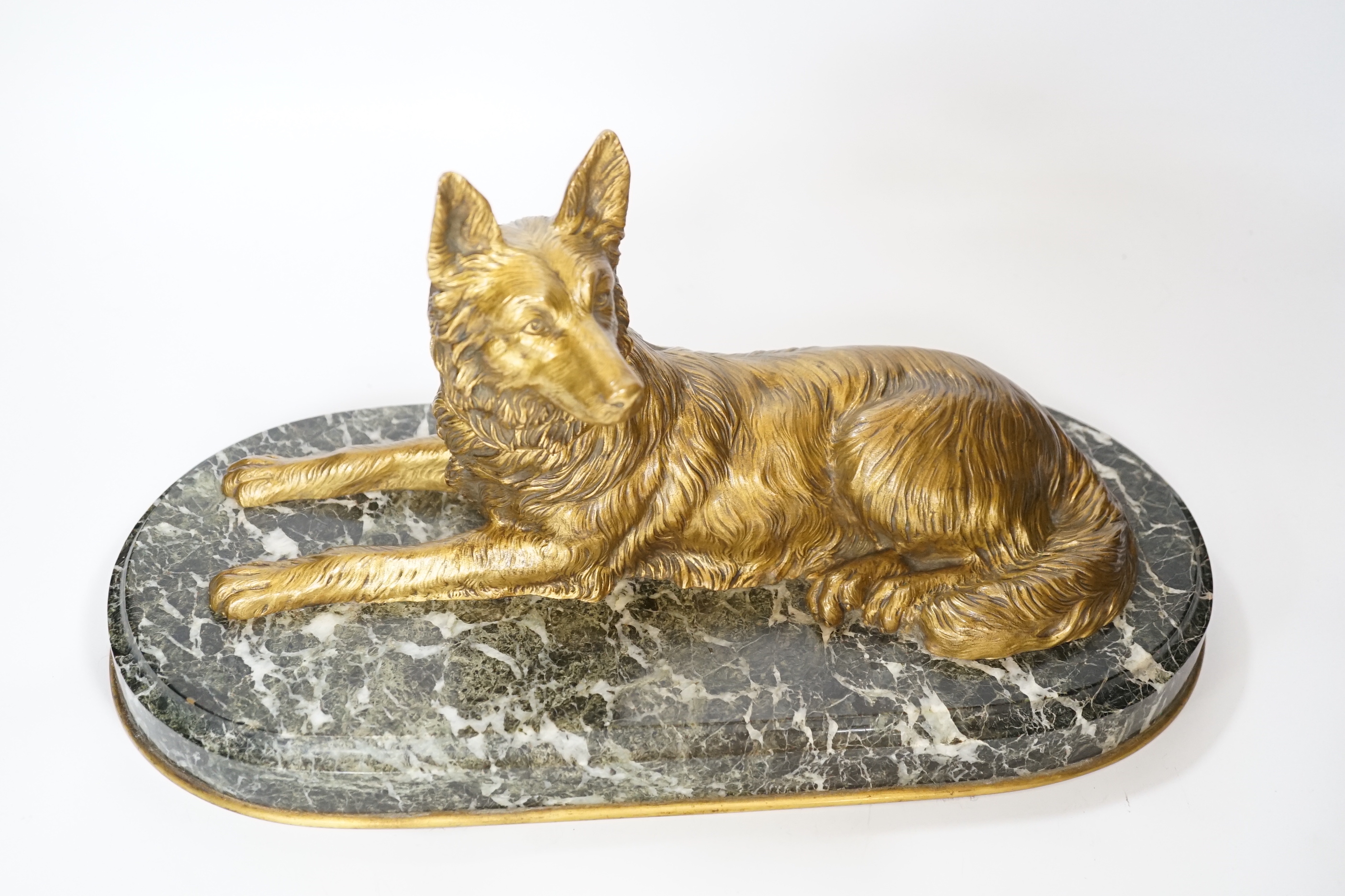 A recumbent dog gilt bronze on marble plinth, style of Chiparus, 40cm long - Image 2 of 6