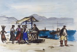 Felice Vellan (Italian 1889-1976), watercolour, Figures before boats and water, signed, inscribed
