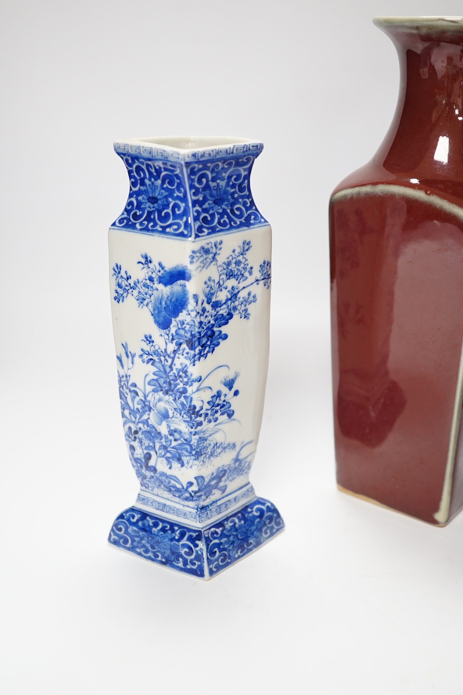 A Chinese sang-de-boeuf vase, a hongmu head, a Japanese Satsuma jar, a blue and white vase, and a - Image 15 of 18