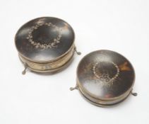 Two George V silver and tortoiseshell pique mounted circular trinket boxes by James Deakin & Sons,