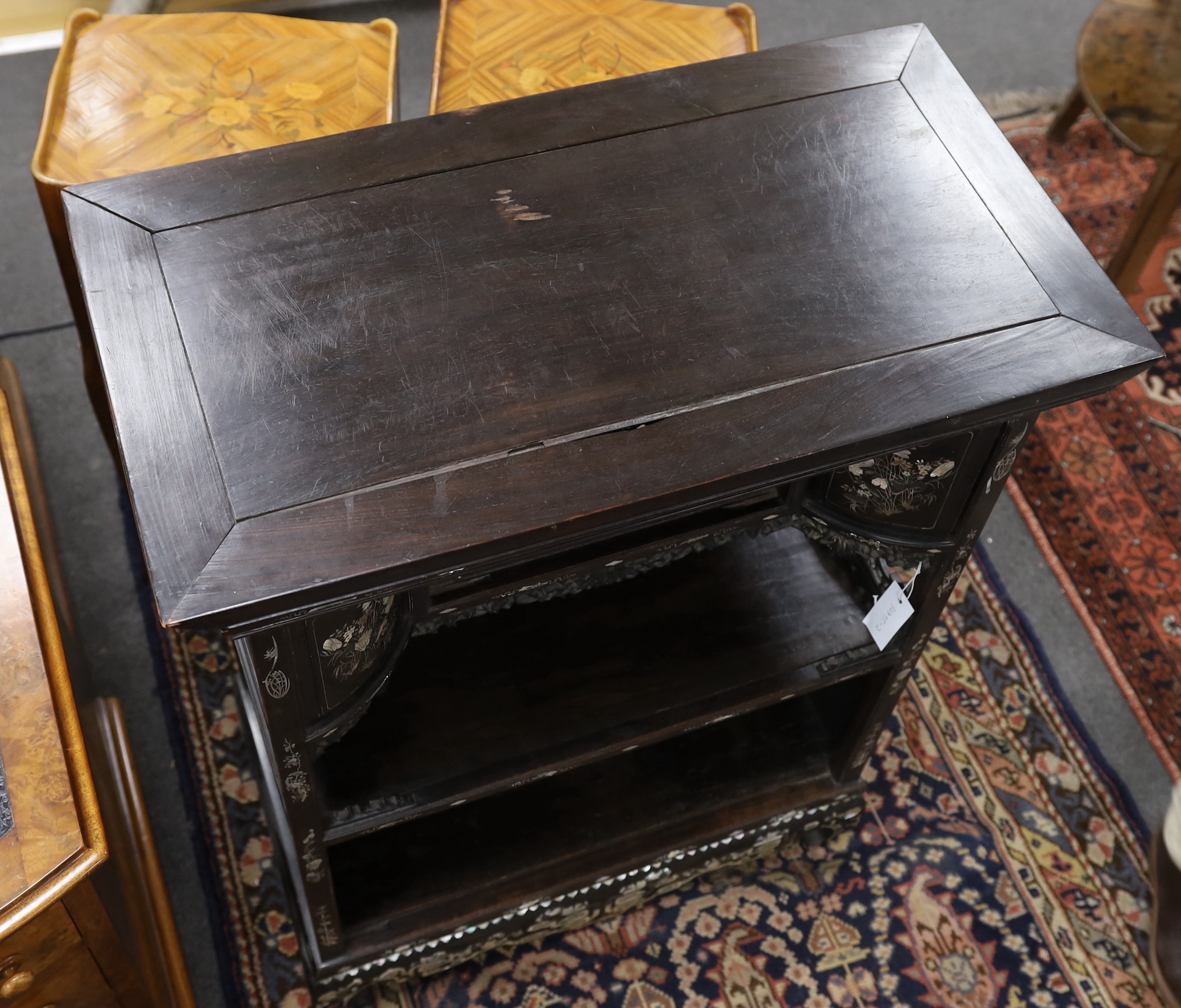 A Japanese mother of pearl inlaid ebonised side cabinet, width 76cm, depth 41cm, height 94cm - Image 3 of 3