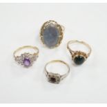Two 9ct and gem set rings including cabochon bloodstone, a 14k and opal? doublet set ring and one