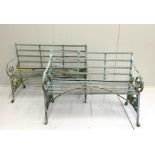 A pair of painted wrought iron garden benches, width 124cm, depth 48cm, height 91cm