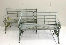 A pair of painted wrought iron garden benches, width 124cm, depth 48cm, height 91cm