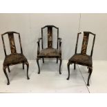 Three 20th century chinoiserie lacquer dining chairs, one with arms